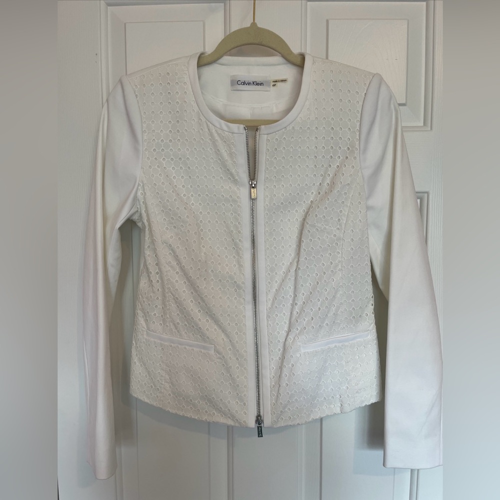 Calvin Klein Women’s White Eyelet Zippered Blazer Jacket Size 6P